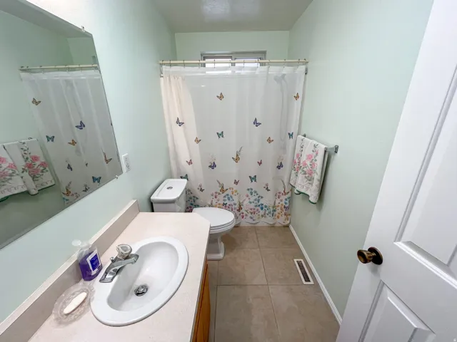 Bathroom featuring light green walls and a tile floor