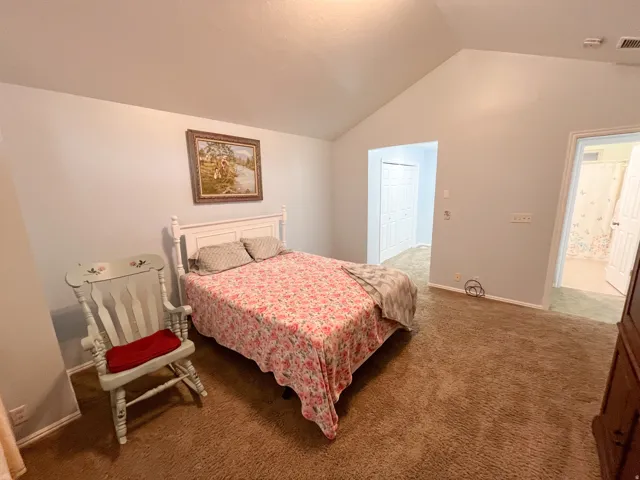 Vaulted ceiling room with light blue wall paint and tan carpet flooring