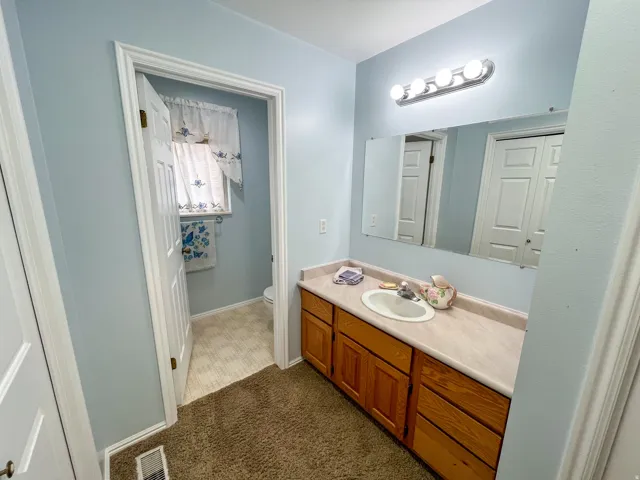 Bathroom vanity featuring a single basin sink, laminate countertop, and wood cabinetry with multiple storage options