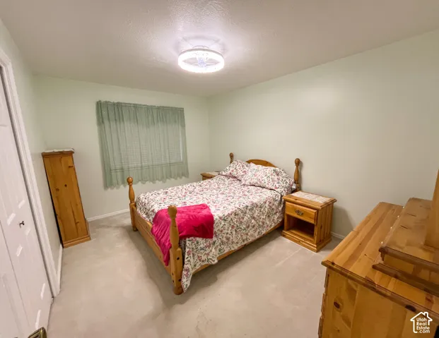 Soft green walls frame this room featuring wall-to-wall carpeting and a ceiling-mounted light fixture