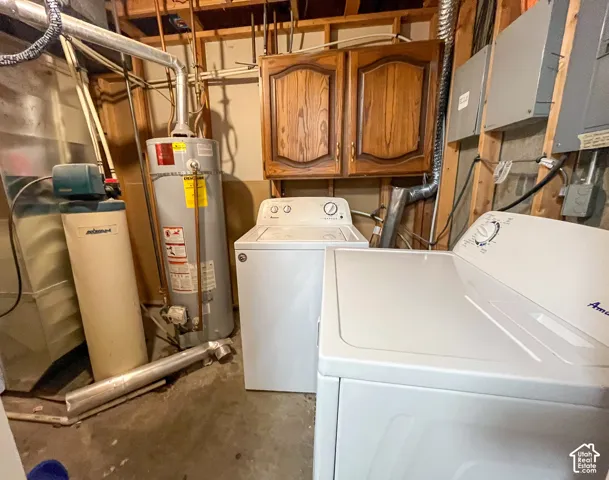 Dedicated utility area featuring a water heater, water softener, and laundry appliances