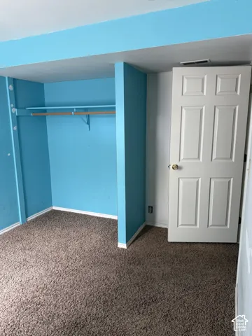 Recessed closet space with a natural wood-finish hanging rod and integrated shelving, complemented by a six-panel interior door