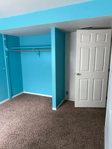 Recessed closet space with a natural wood-finish hanging rod and integrated shelving, complemented by a six-panel interior door