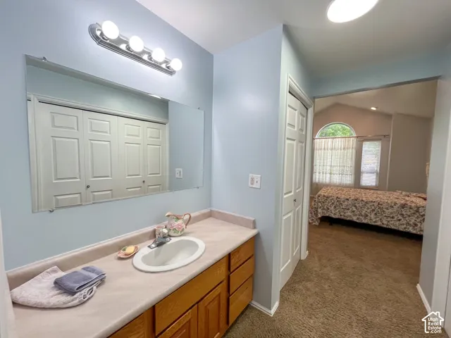 Bathroom vanity featuring a light-colored countertop, an undermount sink, and a wood-finish cabinet