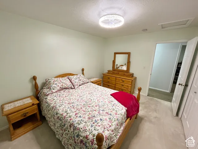 Carpeted bedroom featuring light-toned walls and a ceiling-mounted light fixture