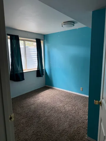 Compact room featuring broadloom carpet flooring, a window with dark drapery, a flush-mount ceiling light fixture, and vibrant blue painted walls
