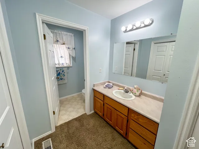 Bathroom vanity featuring a single basin sink, laminate countertop, and wood cabinetry with multiple storage options