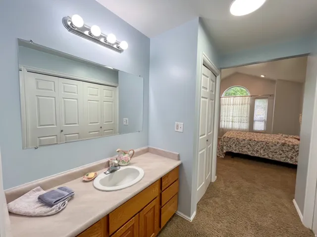 Bathroom vanity featuring a light-colored countertop, an undermount sink, and a wood-finish cabinet