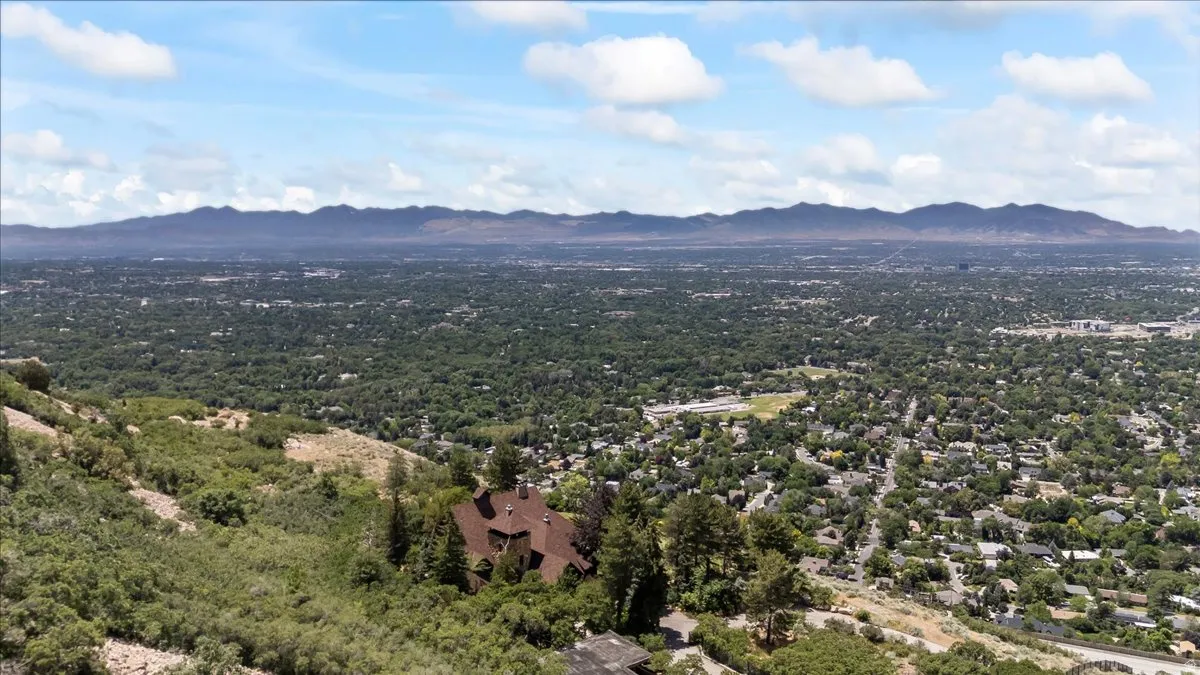 Expansive aerial panorama showcasing a red-roofed residence nestled among abundant trees