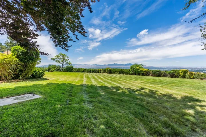 Expansive manicured lawn featuring natural landscaping, mature tree coverage, and a distant mountain range