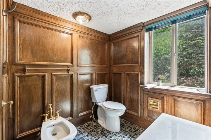 Rich wood paneling throughout, mosaic tile flooring, a bidet with brass fixtures, a toilet, and a large window overlooking natural scenery