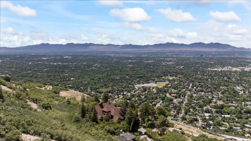 Expansive aerial panorama showcasing a red-roofed residence nestled among abundant trees