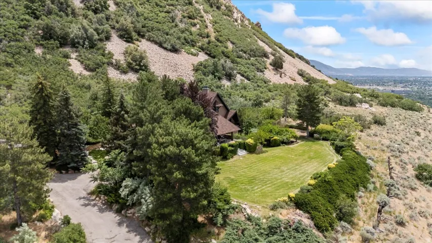 Hillside residence featuring a manicured lawn, extensive mature landscaping, and a sloped, natural terrain backdrop
