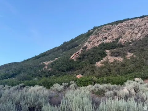 Mountainous terrain featuring exposed rock formations and varied vegetation