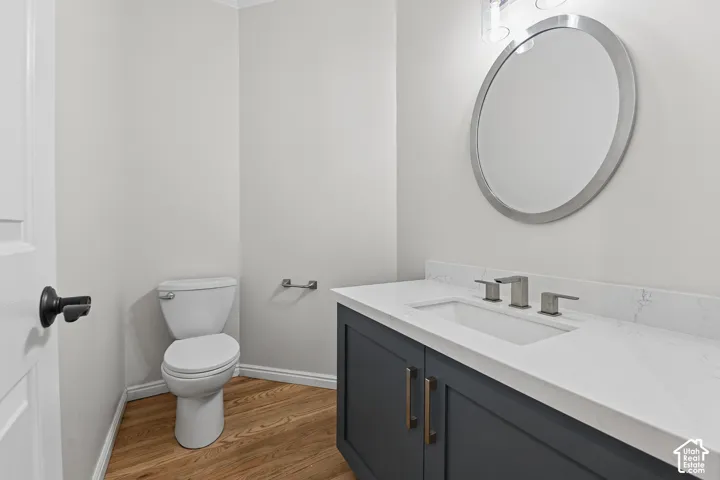 Modern vanity with a light-colored countertop, undermount sink, and wood-finish flooring