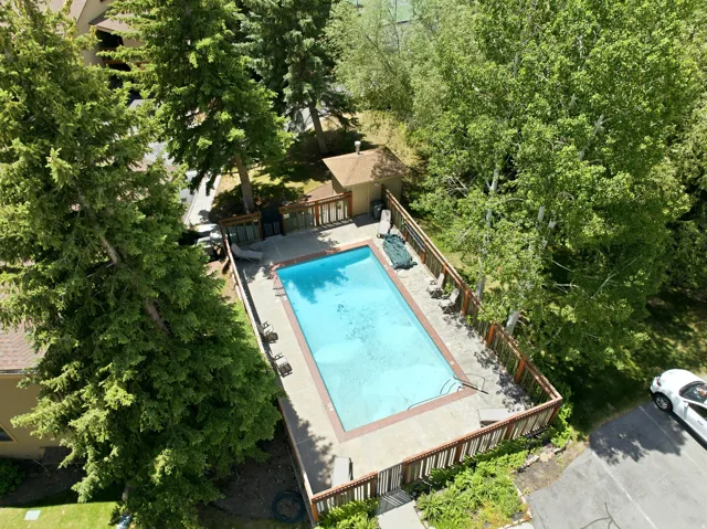 Rectangular outdoor swimming pool with concrete decking, surrounded by a wood fence