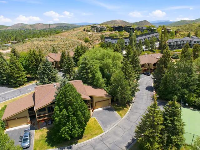 Aerial perspective showcasing residential properties nestled among mature evergreen trees and natural landscaping