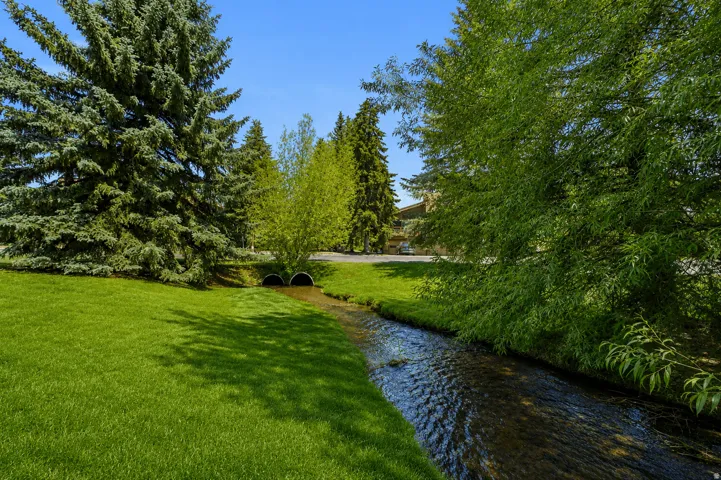 Lush green lawn with a natural stream feature, bordered by mature evergreen trees and vibrant deciduous foliage