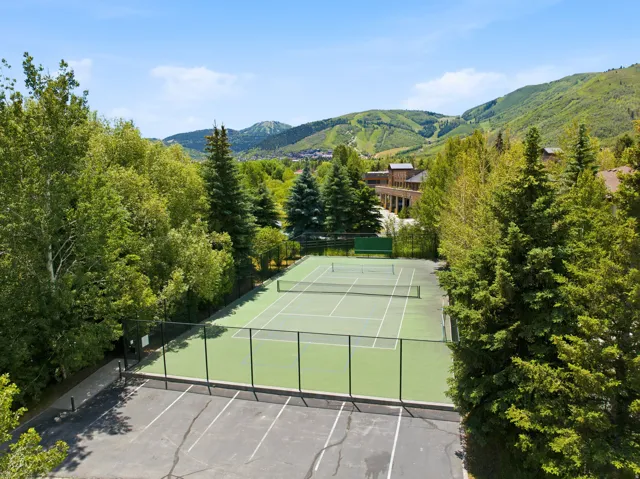 Tennis court featuring a green playing surface, black perimeter fencing, and surrounding mature trees