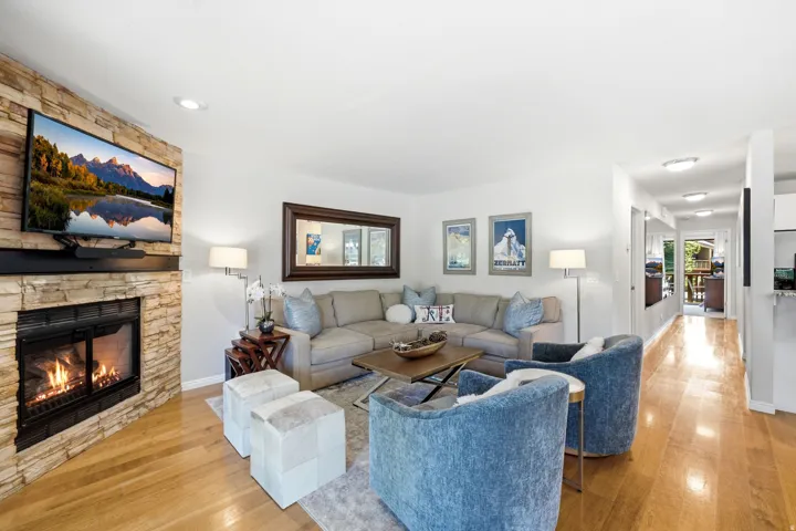 Living area featuring stone-clad fireplace and wood-finish flooring