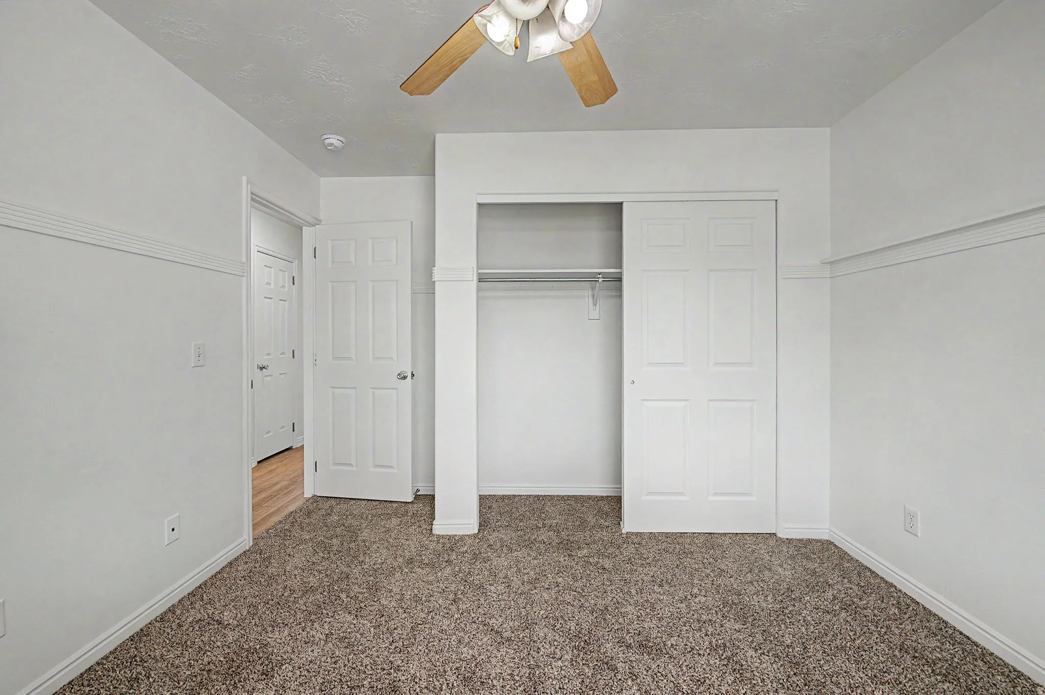 Neutral color palette with textured carpeting, a ceiling fan fixture, and white trim details