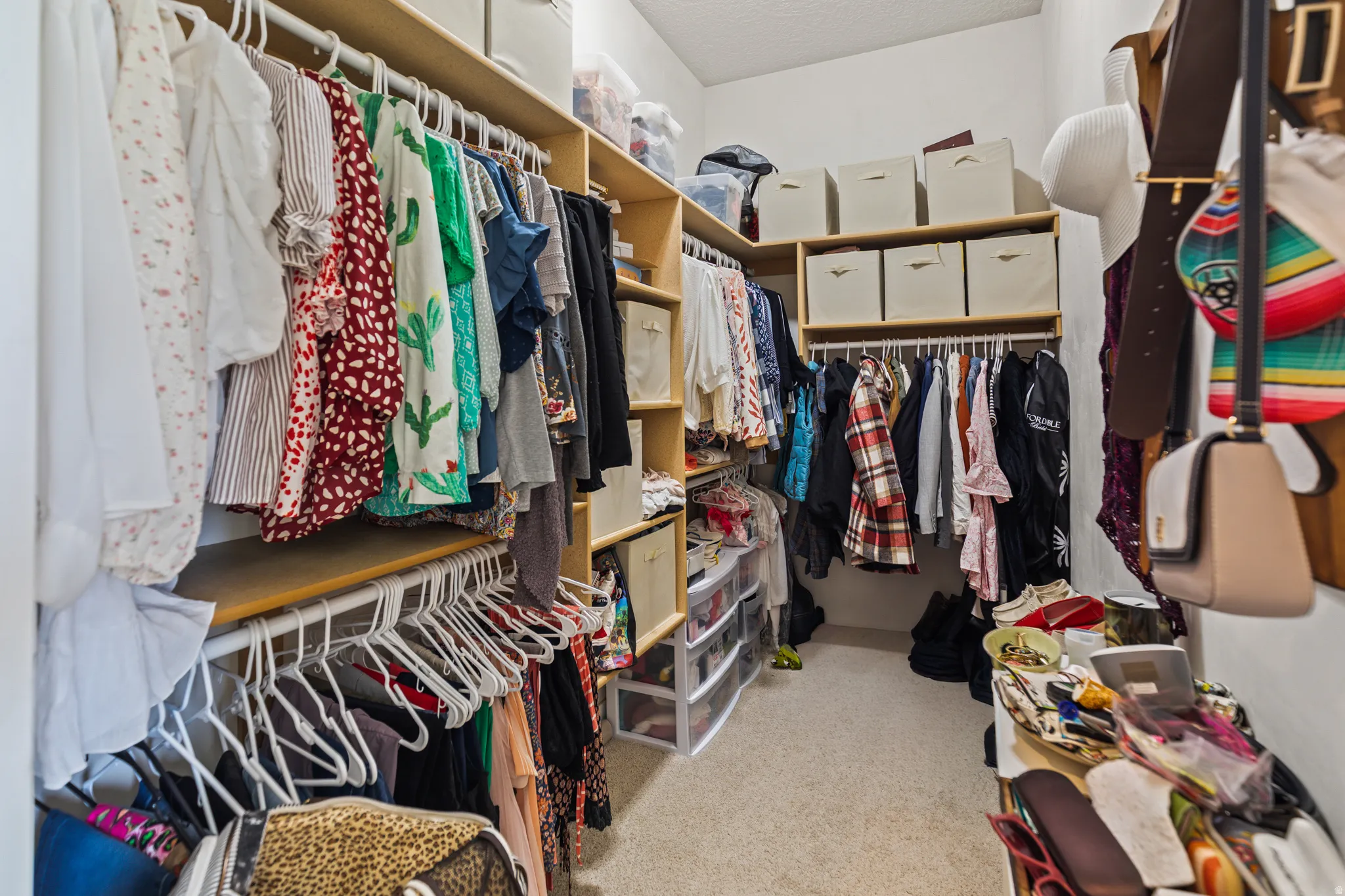 Walk-in closet featuring extensive built-in shelving, multiple hanging rods, and neutral carpeting