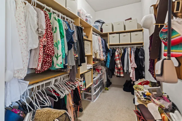 Walk-in closet featuring extensive built-in shelving, multiple hanging rods, and neutral carpeting