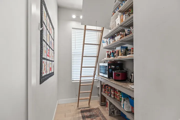 Custom pantry featuring extensive wire shelving, a built-in countertop, and wood-finish flooring