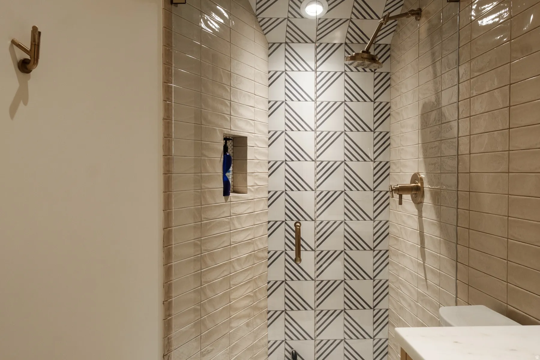 Shower enclosure featuring a curved ceiling, patterned wall tiles, beige subway tiles, a built-in shower niche, and brass fixtures