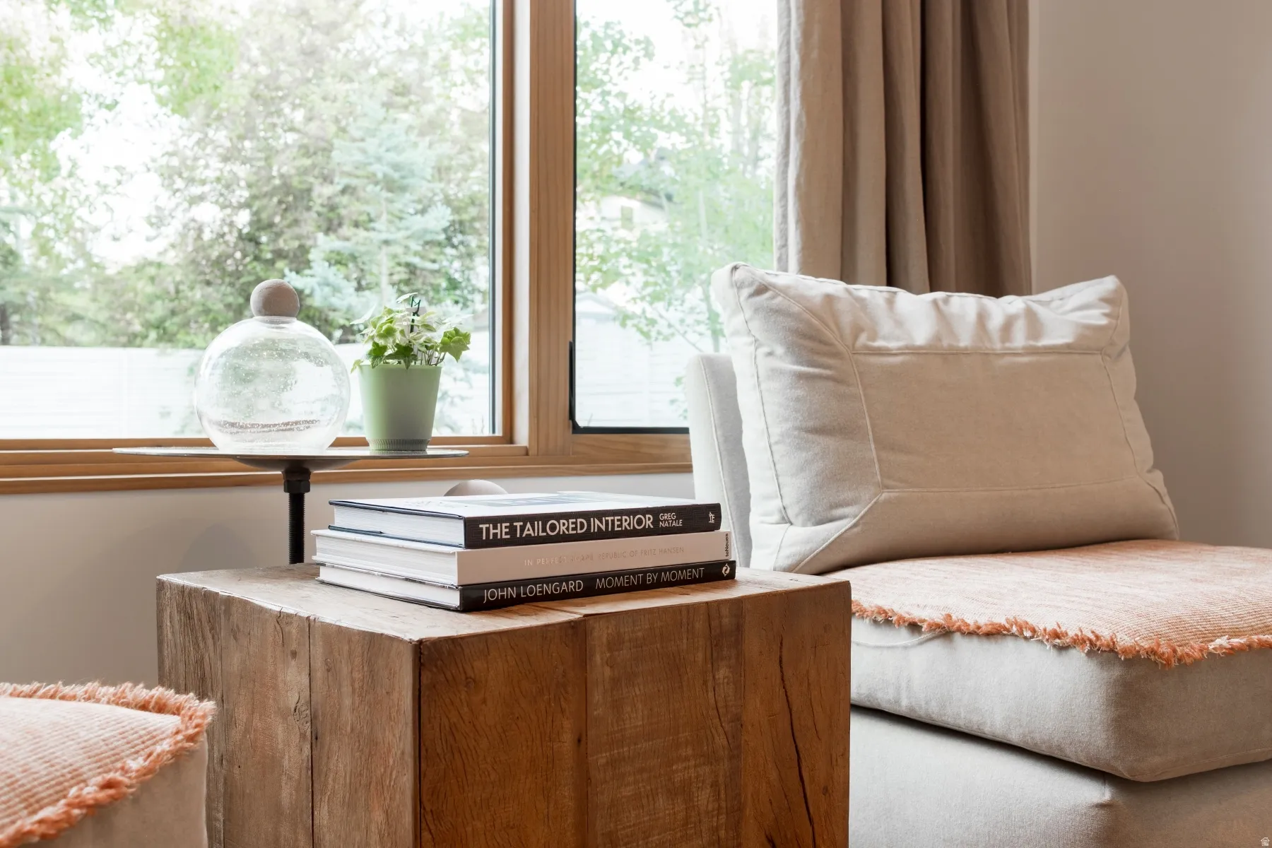 Expansive window with natural wood trim