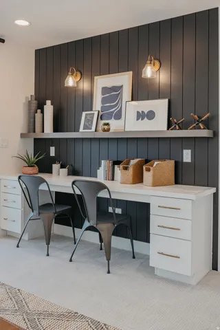 Built-in double desk with white cabinetry and a light-toned countertop