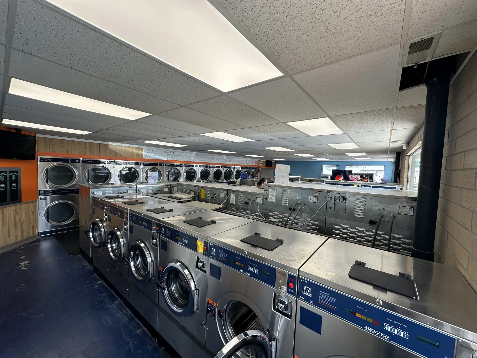 Commercial laundry facility featuring multiple front-loading washing machines and dryers