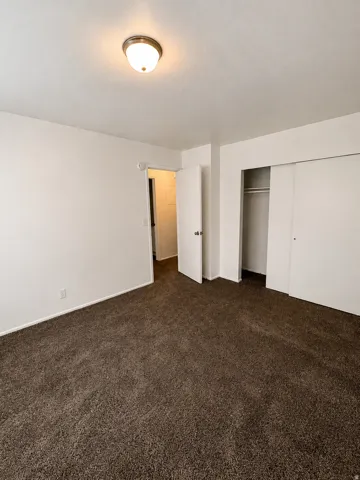 Unit A: Carpeted room with white walls, a flush-mount ceiling light fixture, a closet with sliding doors, and a standard door frame