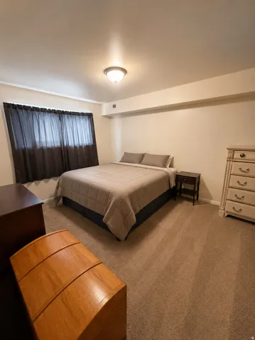 Unit C: Carpeted bedroom featuring a large window with privacy coverings and a ceiling-mounted light fixture
