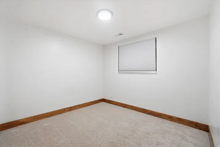 Carpeted room with a single window featuring horizontal blinds, a ceiling-mounted light fixture, and wood-finish baseboards