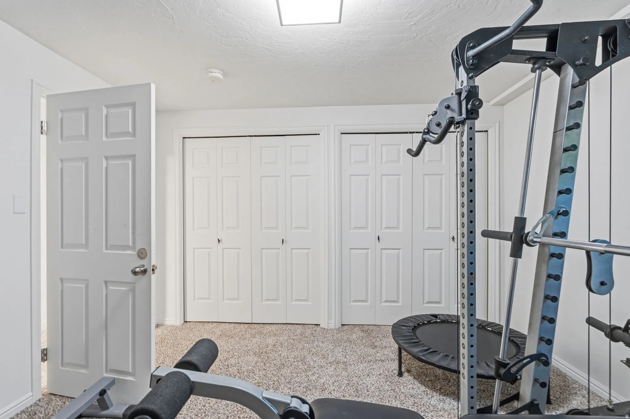 Carpeted interior space featuring white walls and a white six-panel door