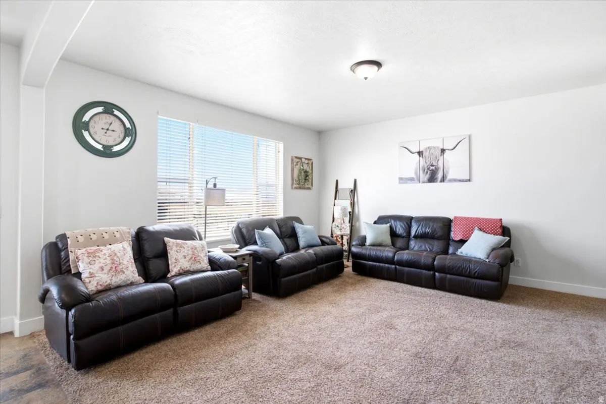 Spacious room featuring neutral carpeting, white walls, and a large window with blinds