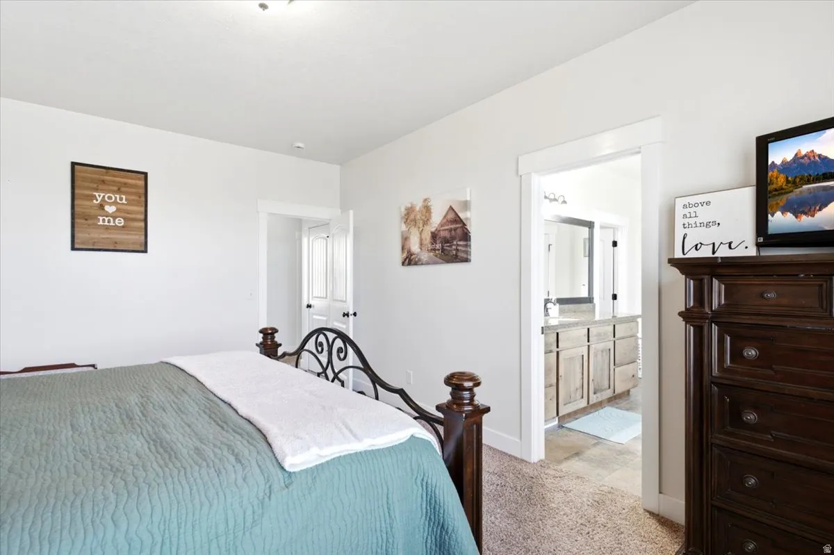 Bedroom with light-colored walls and carpet flooring