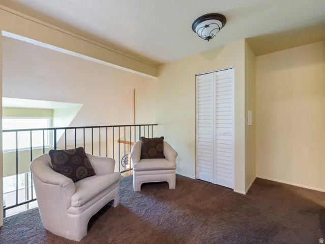 Carpeted loft area featuring a white louvered bifold door, a dark metal railing, and a semi-flush mount ceiling light fixture
