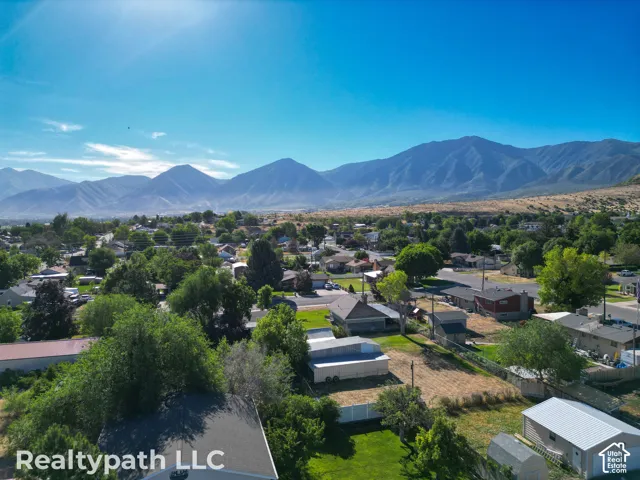 Expansive mountain backdrop with a residential neighborhood featuring numerous mature trees and a clear blue sky