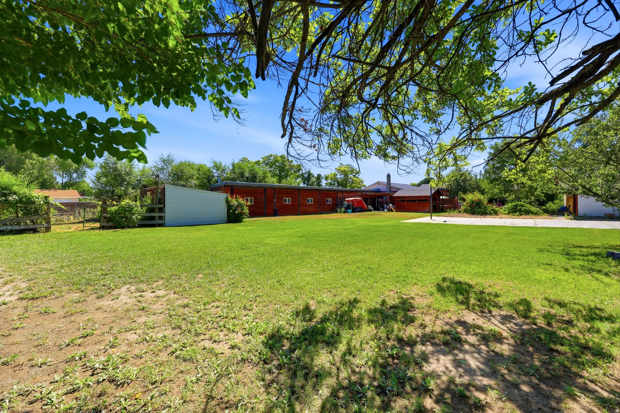 Expansive green lawn with a red-sided structure, white outbuilding, and mature trees