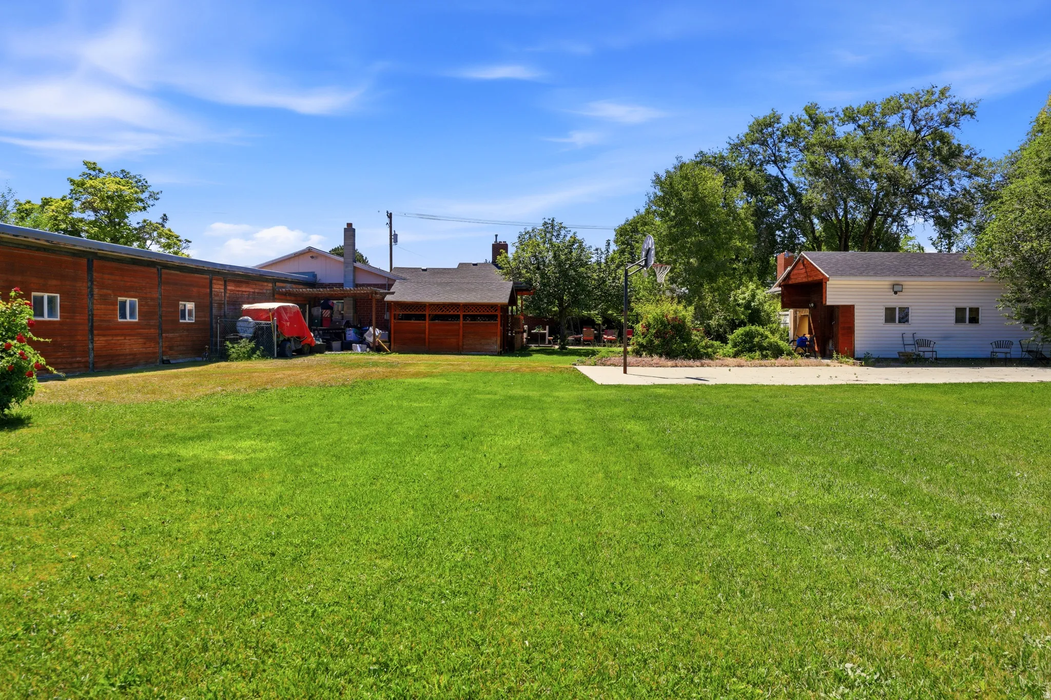 Expansive green lawn with a basketball court featuring a hoop and a paved surface