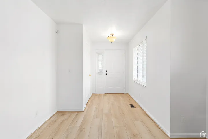 Entryway featuring a paneled door, wood-finish flooring, white baseboards, and a window with blinds