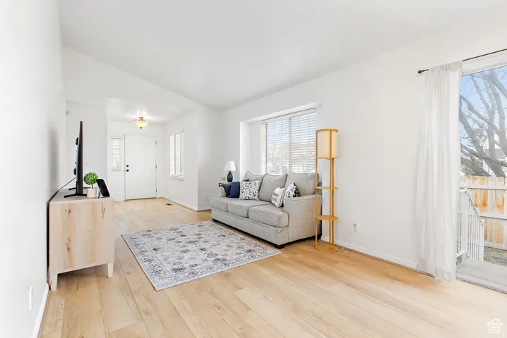 Open concept living area featuring light wood-finish flooring throughout