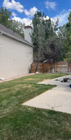 Expansive green lawn, concrete patio, wood fence, mature trees, and a siding exterior