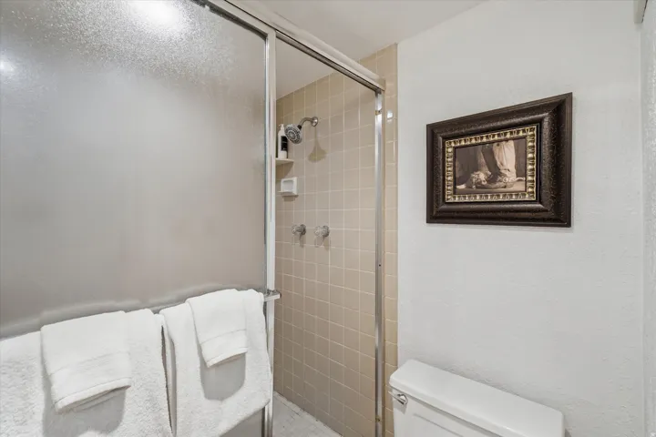 Shower enclosure with frosted glass panel and chrome frame