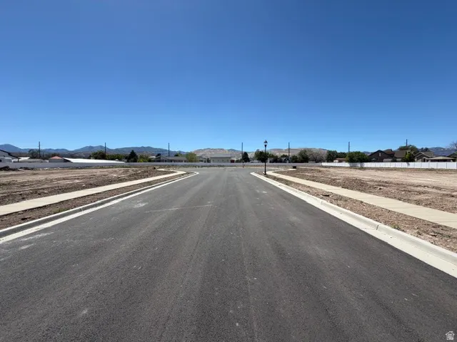 Paved street with concrete curbing and sidewalks bordered by undeveloped land