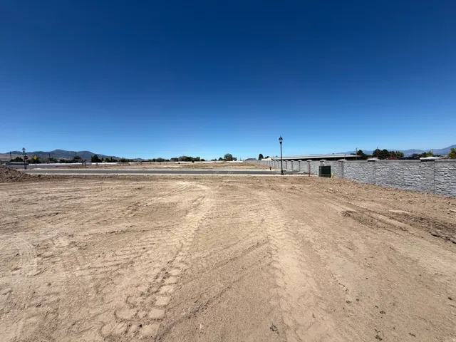 Expansive undeveloped land parcel with a paved street, a street light, and a perimeter wall featuring stone veneer and capped pillars