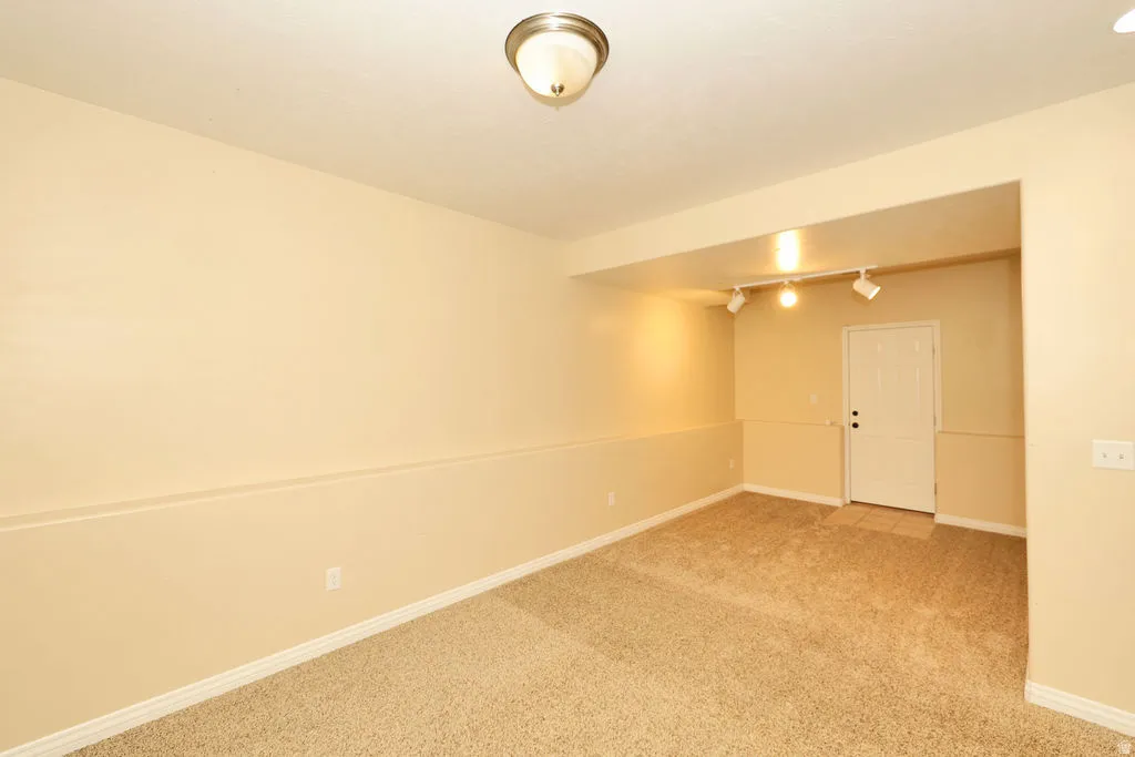 Carpeted room featuring a ceiling-mounted light fixture, recessed area with track lighting, a white panel door, and baseboard molding