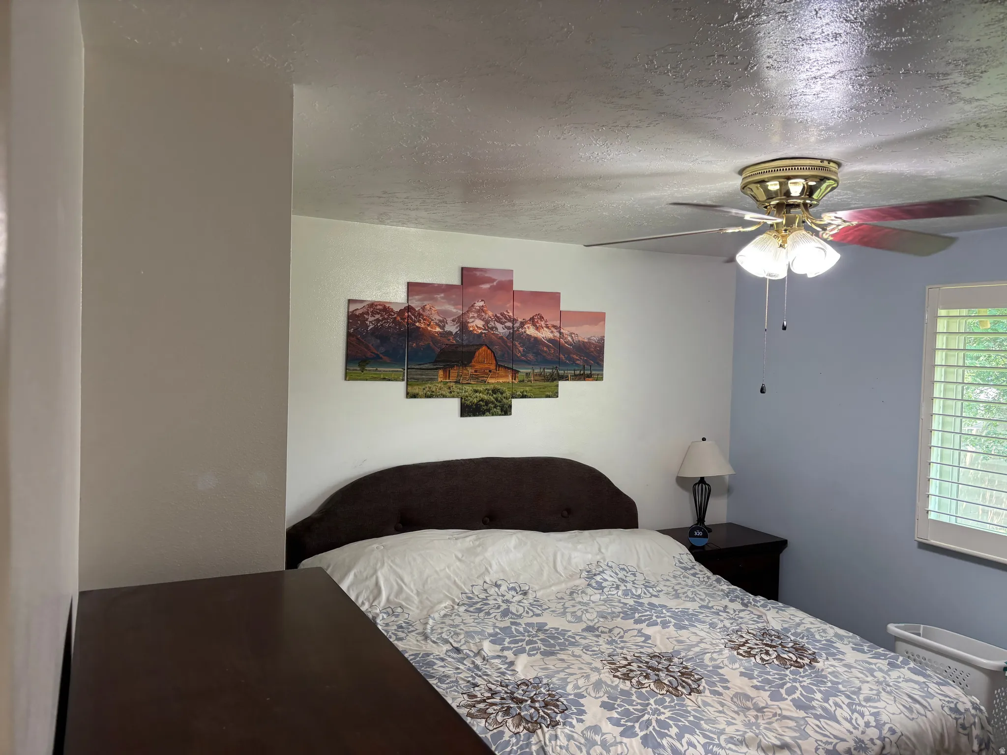Bedroom featuring a ceiling fan with integrated lighting, a window with horizontal blinds, and multi-toned wall finishes
